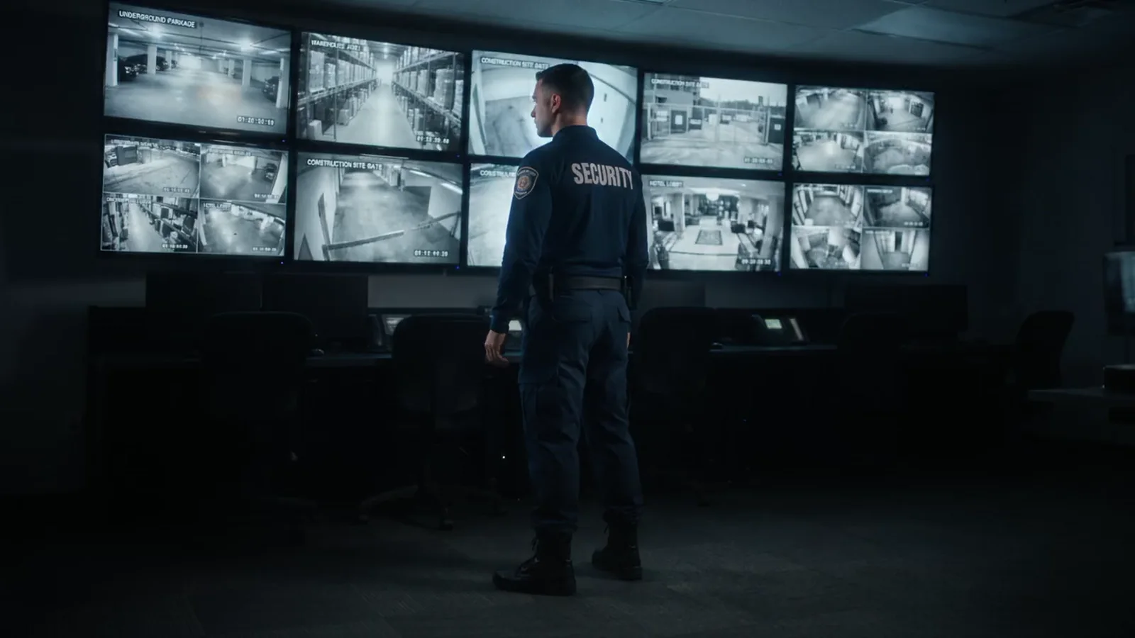 A Watch Dog guard monitoring surveillance feeds in a control room
