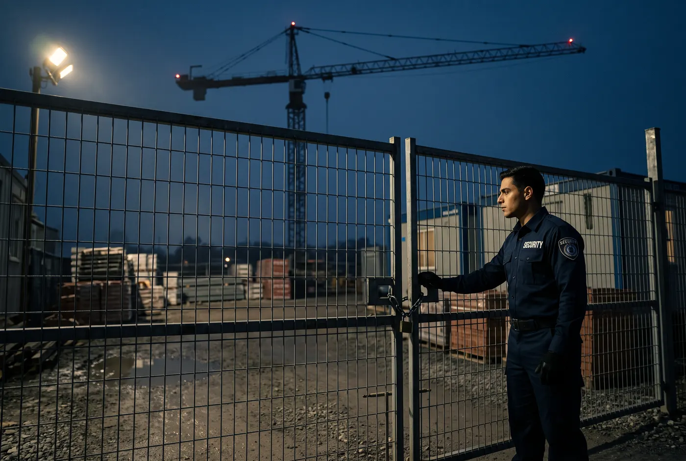 Security guard checking a locked gate at a construction site at night