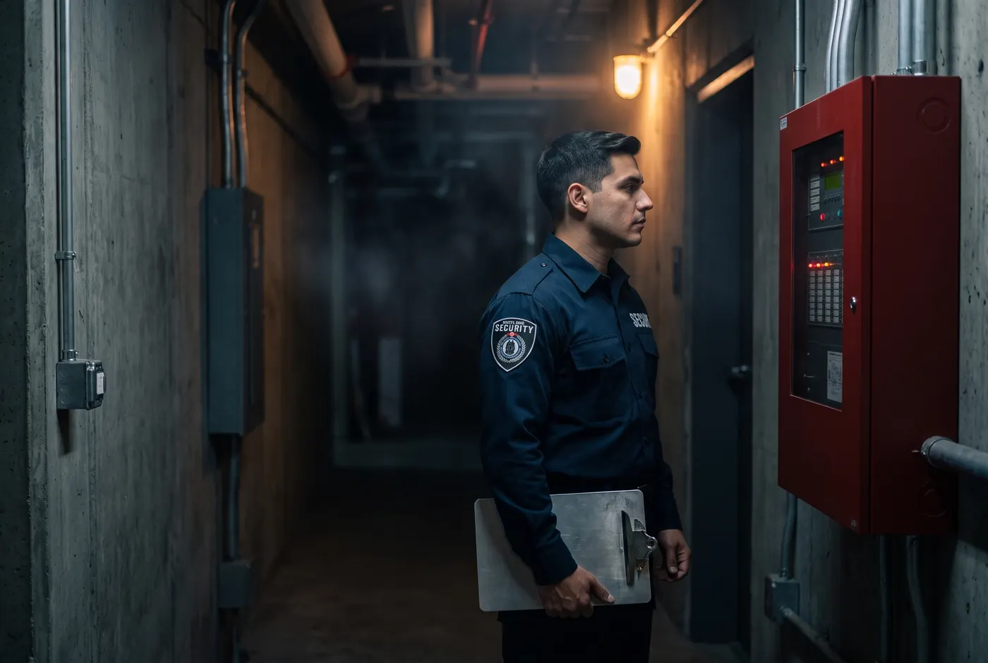 Security guard inspecting a fire alarm control panel at night