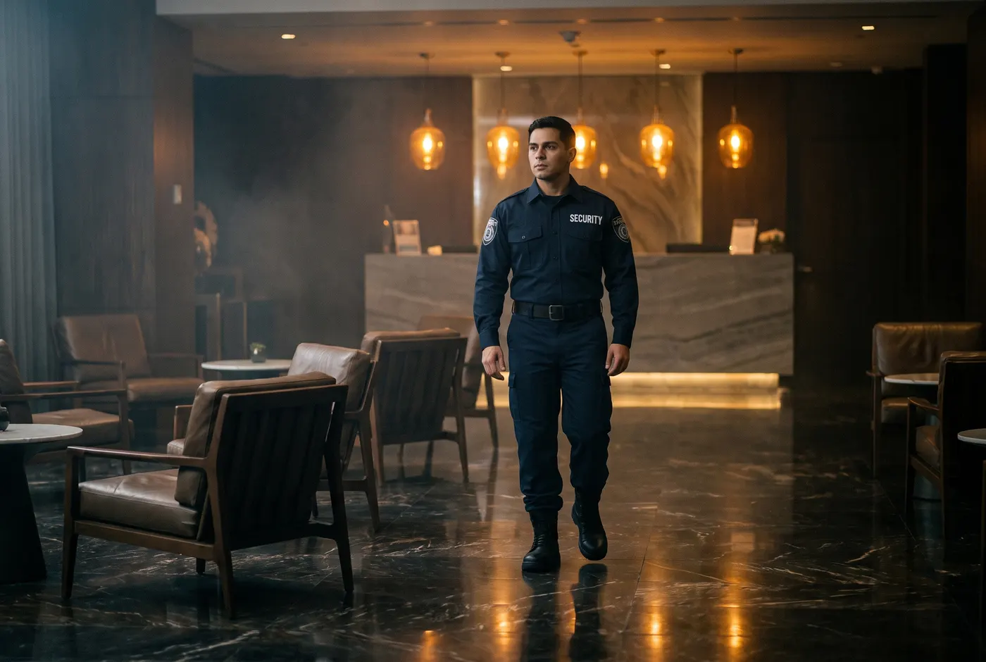 Security guard walking through a hotel lobby late at night