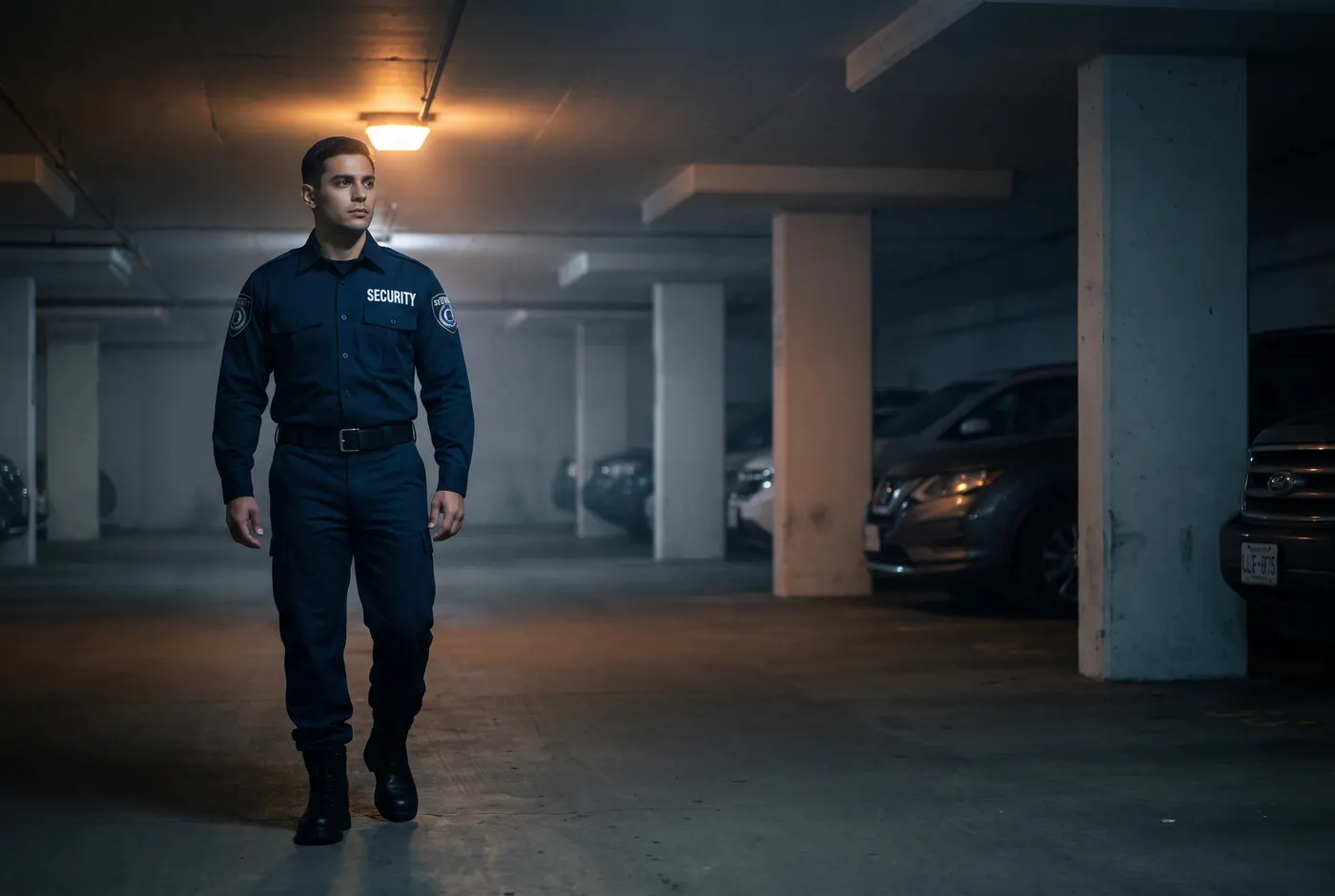 Security guard patrolling a condominium parkade at night