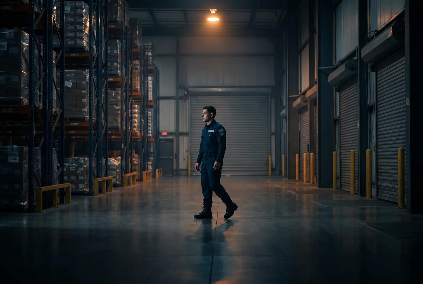 Security guard patrolling a distribution warehouse at night